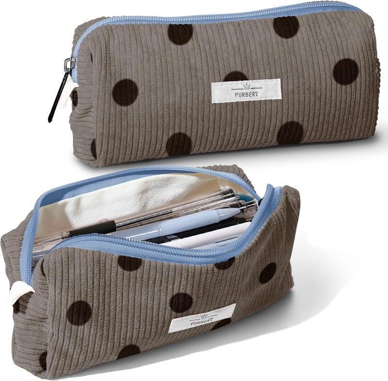 Purbert Pencil Bag Pen Case, Soft Corduroy Small Pencil Pouch Organizer with Zipper, Cute Pencil Case Pouch Stationery for Girls and Boys – Dot Grey - Image 1